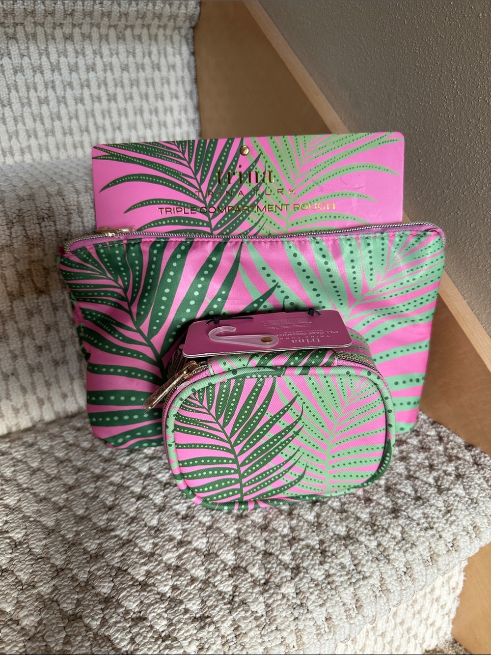 Trina Turk Cosmetic Bag Set and Pill Case Organizer-Pink & Green Palm Print